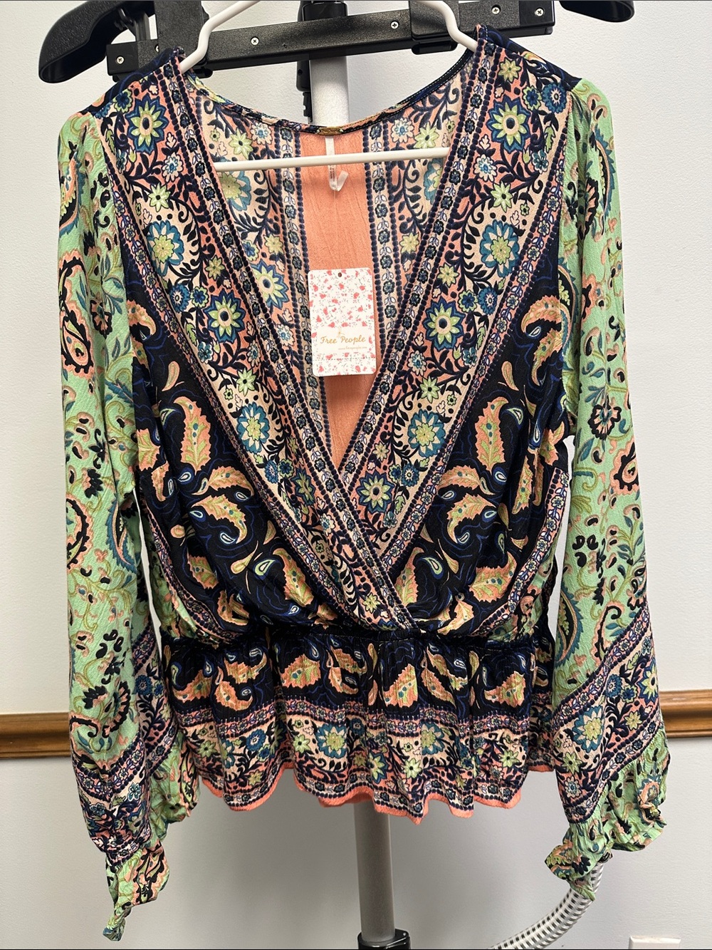 Free People Floral Paisley Wrap Blouse in Navy, Mint & Peach